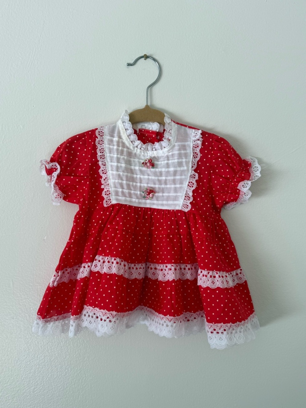 Vintage Baby Girl 9m Baby Doll Red & White Polka Dot Dress Lace Teired Ruffle